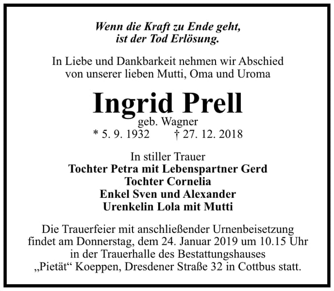 Traueranzeige Ingrid Prell, geb. Wagner