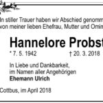 Traueranzeige Hannelore Probst