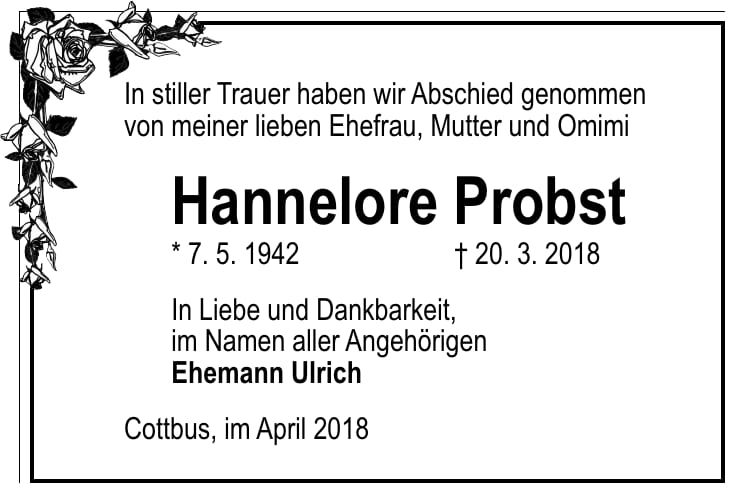 Traueranzeige Hannelore Probst