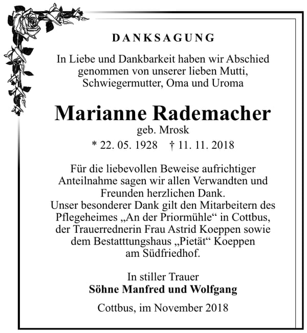 Danksagung Marianne Rademacher, geb. Mrosk