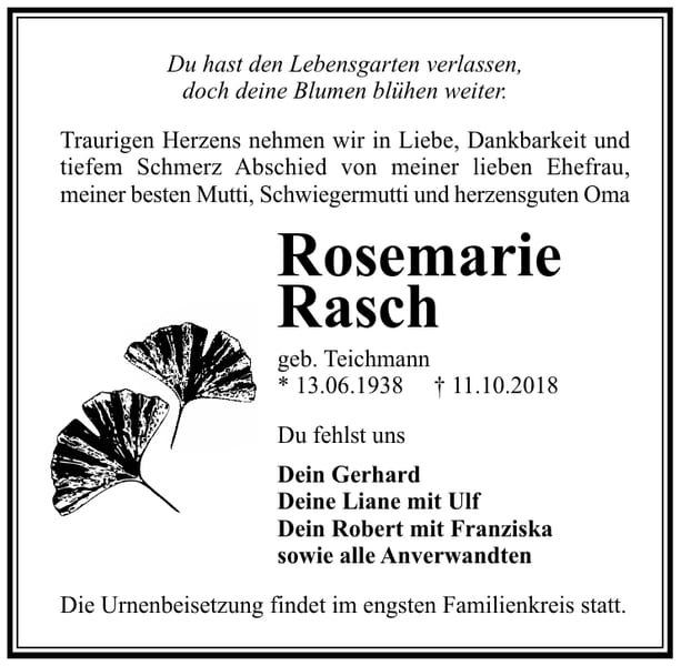 Traueranzeige Rosemarie Rasch, geb. Teichmann