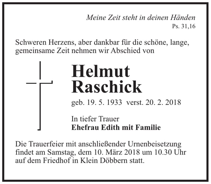 Traueranzeige Helmut Raschick