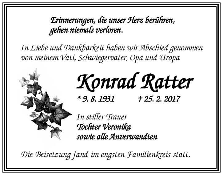 Traueranzeige Konrad Ratter