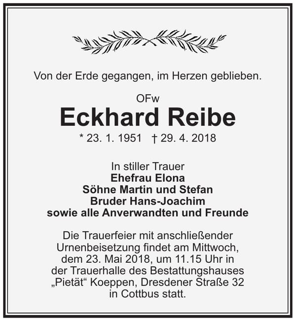 Traueranzeige Eckhard Reibe