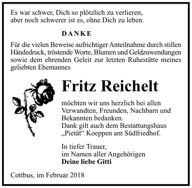 Danksagung Fritz Reichelt