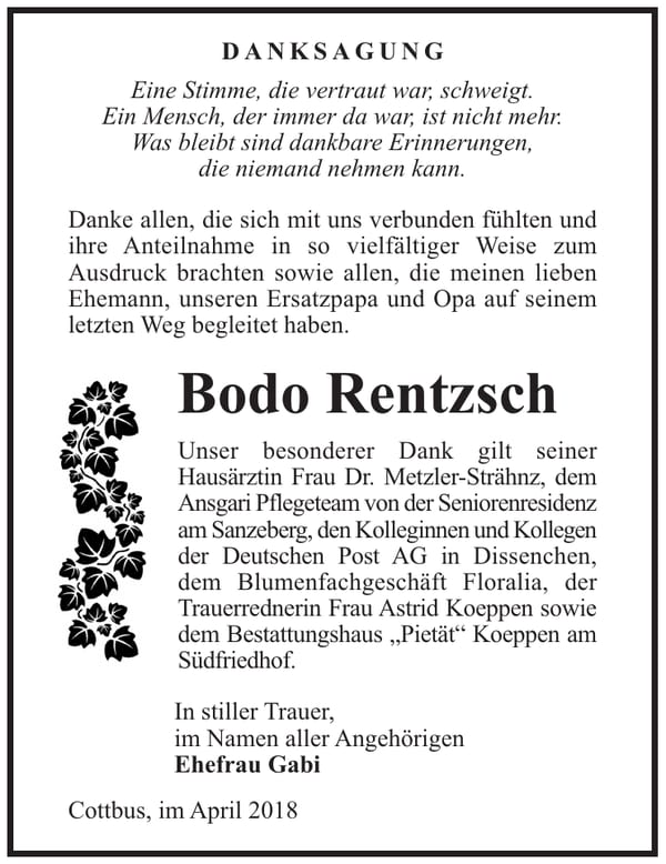 Danksagung Bodo Rentzsch