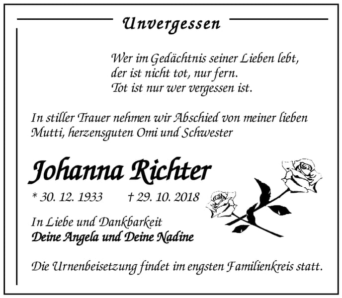 Traueranzeige Johanna Richter