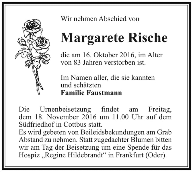Traueranzeige Margarete Rische