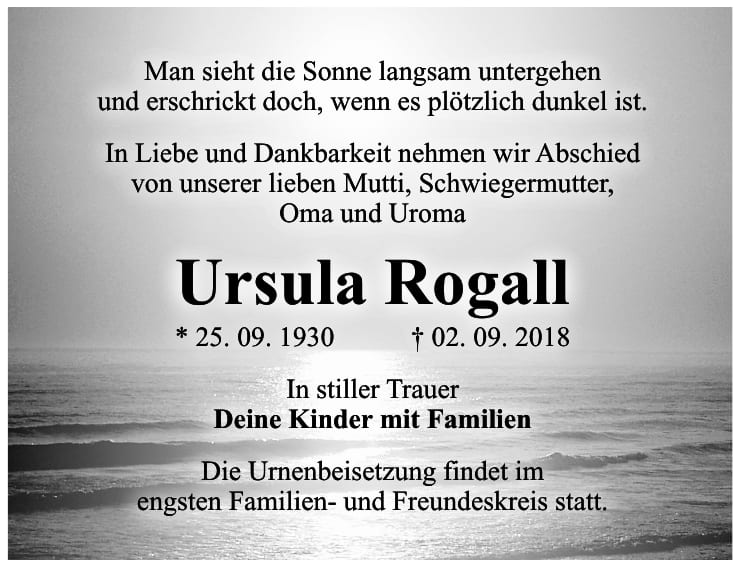 Traueranzeige Ursula Rogall
