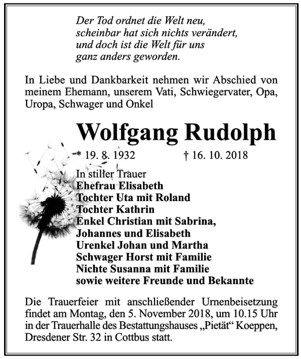 Traueranzeige Wolfgang Rudolph