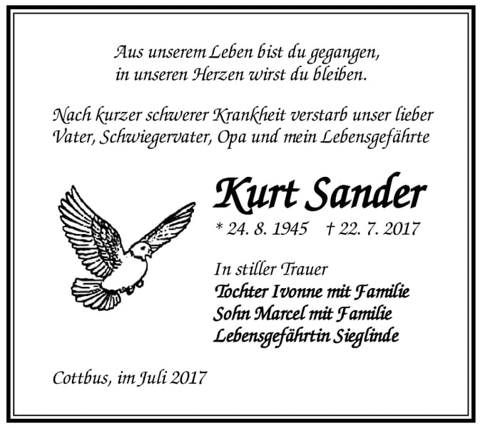 Traueranzeige Kurt Sander