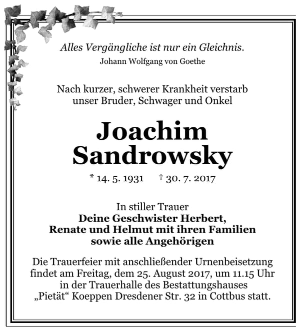 Traueranzeige Joachim Sandrowsky