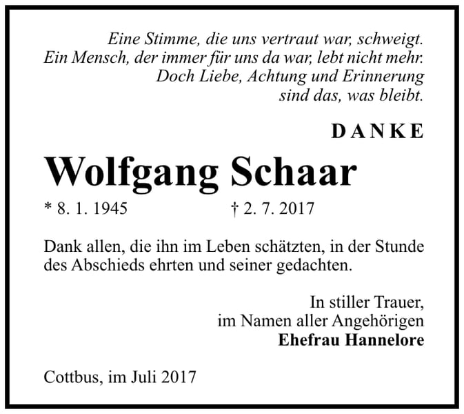 Danksagung Wolfgang Schaar