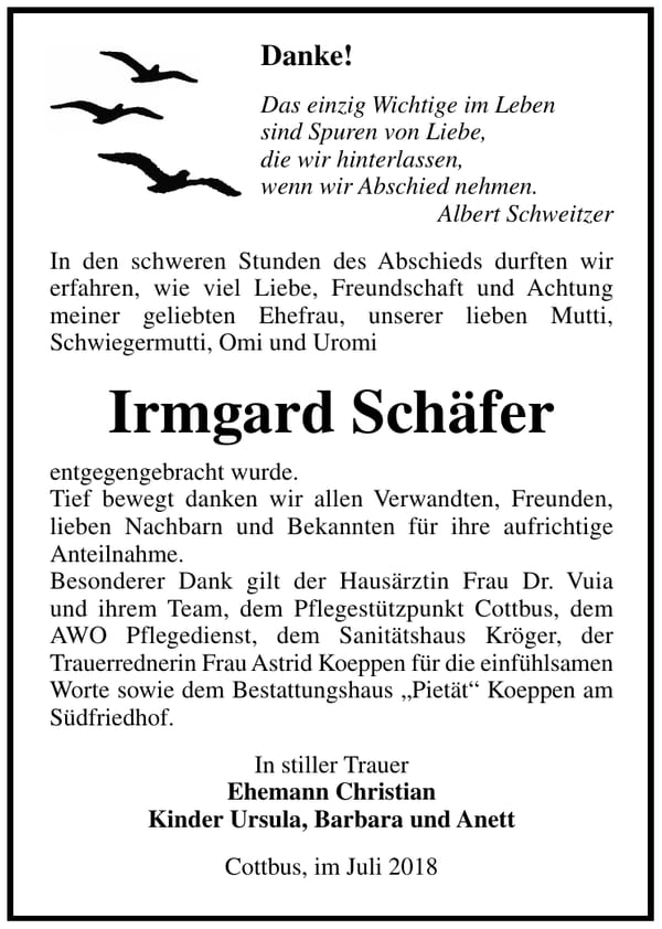 Danksagung Irmgard Schäfer