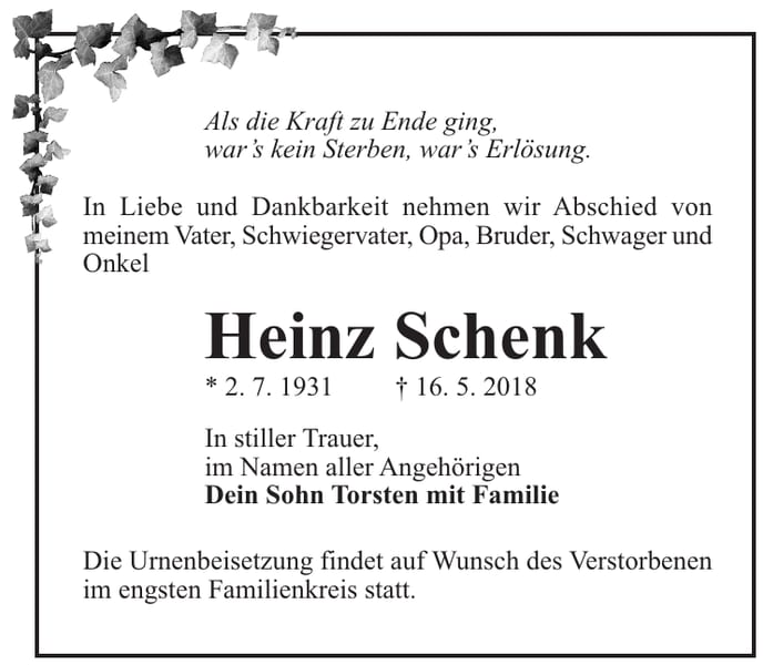 Traueranzeige Heinz Schenk