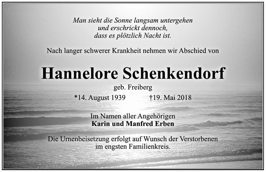 Traueranzeige Hannelore Schenkendorf, geb. Freiberg