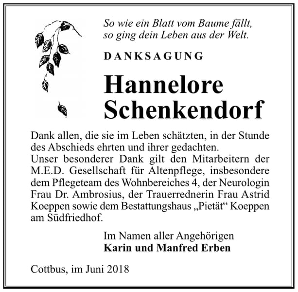 Danksagung Hannelore Schenkendorf