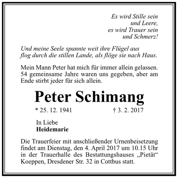 Traueranzeige Peter Schimang