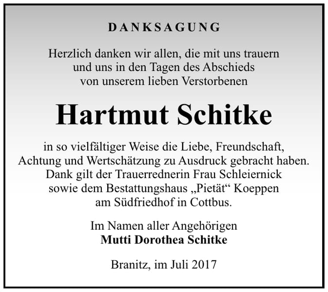 Danksagung Hartmut Schitke