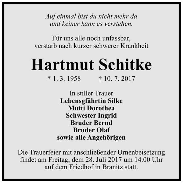 Traueranzeige Hartmut Schitke