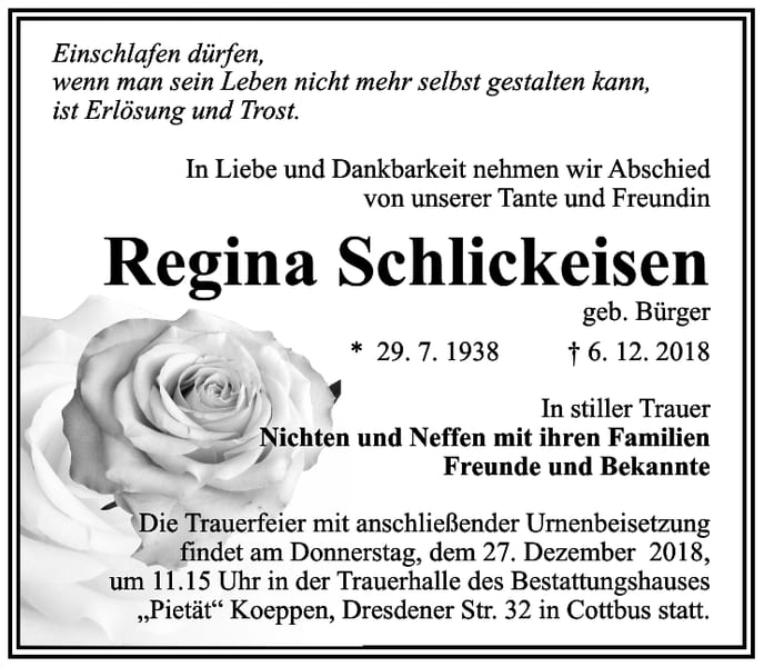 Traueranzeige Regina Schlickeisen, geb. Bürger