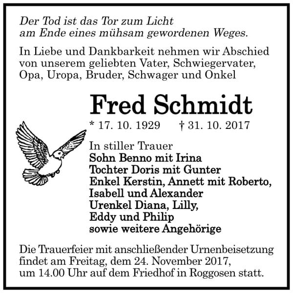 Traueranzeige Fred Schmidt