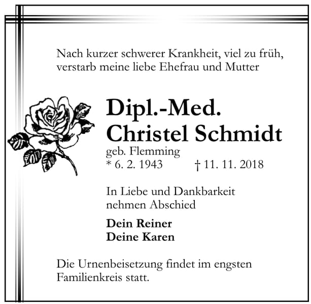 Traueranzeige Christel Schmidt, geb. Flemming