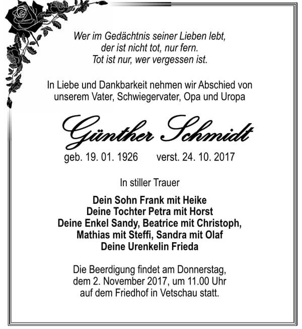 Traueranzeige Günther Schmidt