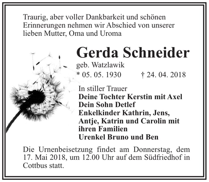 Traueranzeige Gerda Schneider, geb. Watzlawik
