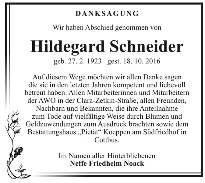 Danksagung Hildegard Schneider