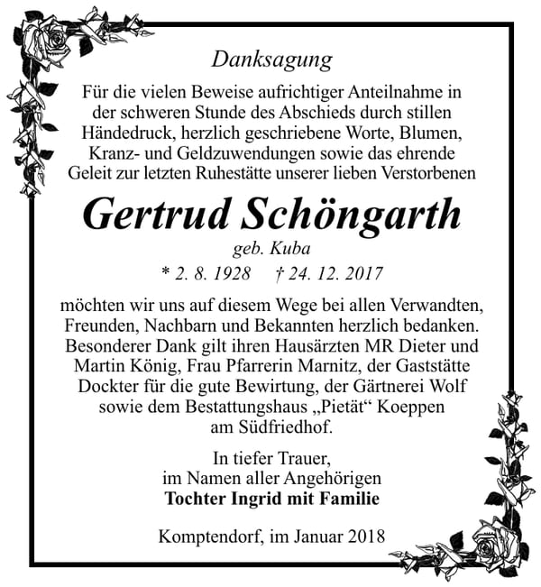 Danksagung Gertrud Schöngarth, geb. Kuba