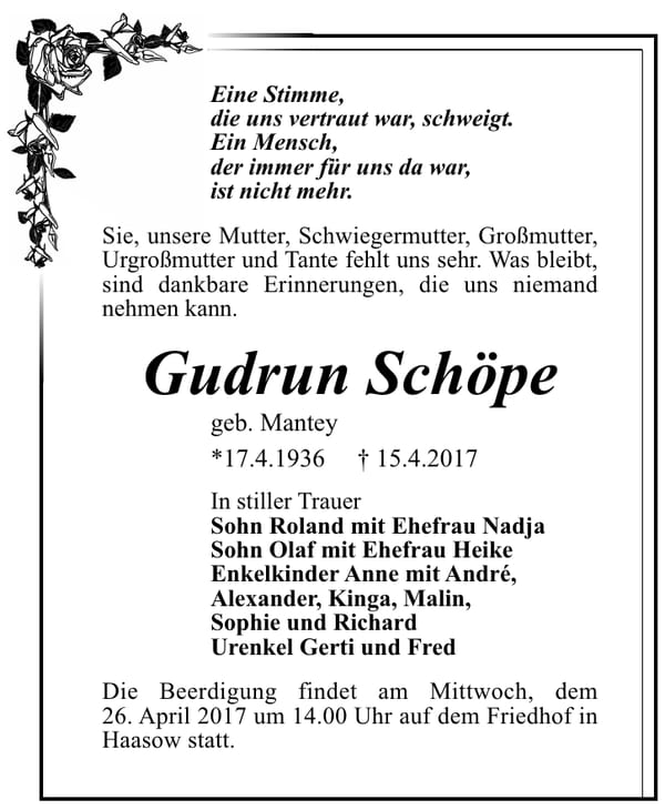 Traueranzeige Gudrun Schöpe, geb. Mantey