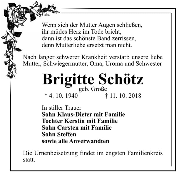 Traueranzeige Brigitte Schötz, geb. Große