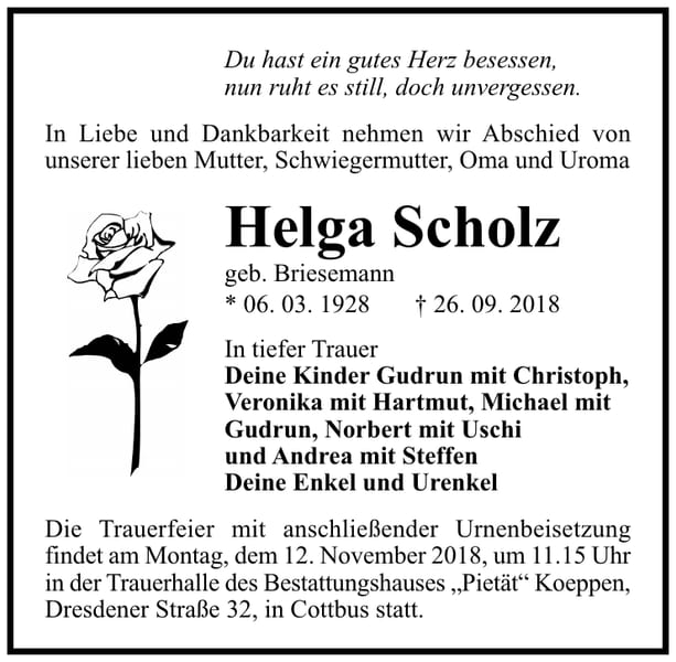 Traueranzeige Helga Scholz, geb. Briesemann