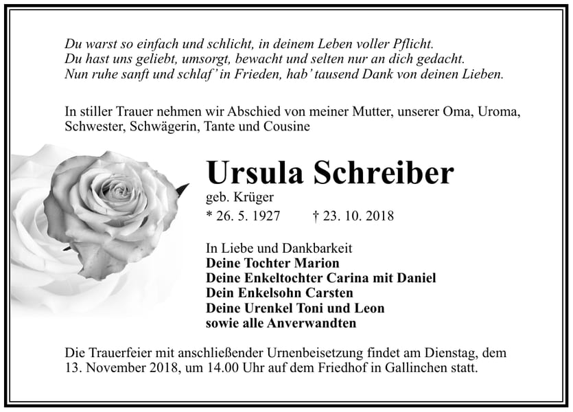 Traueranzeige Ursula Schreiber, geb. Krüger