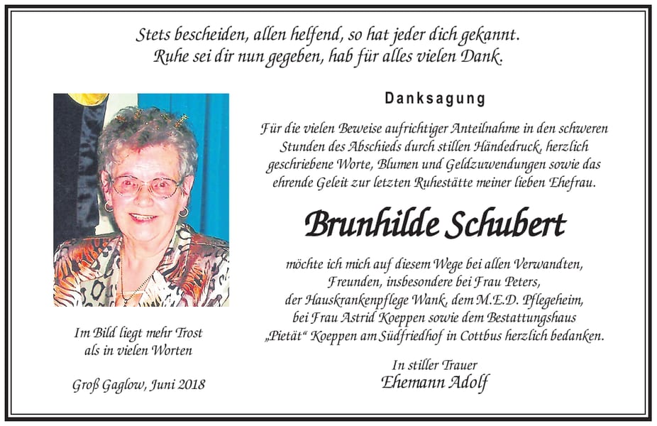 Danksagung Brunhilde Schubert