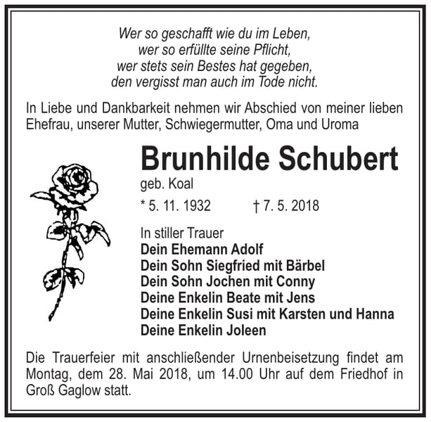 Traueranzeige Brunhilde Schubert, geb. Koal