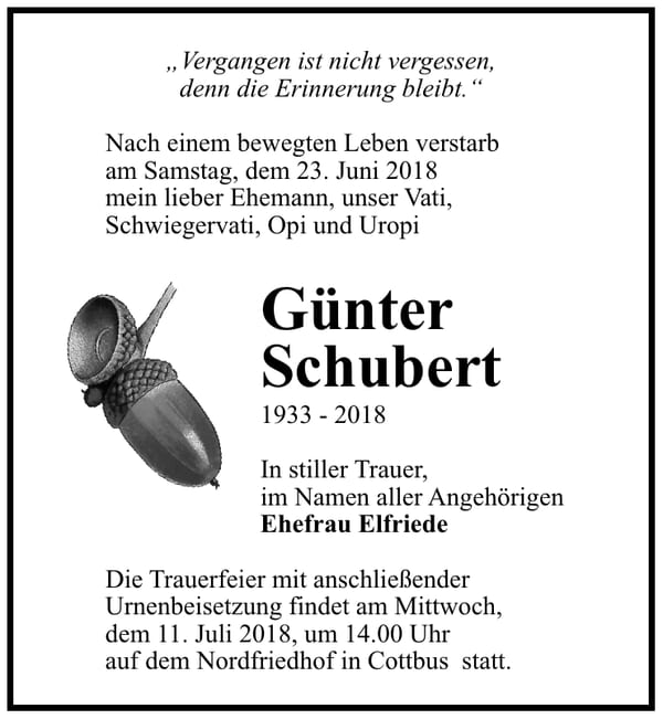 Traueranzeige Günter Schubert