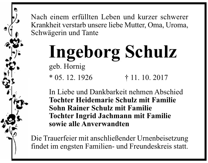 Traueranzeige Ingeborg Schulz, geb. Hornig