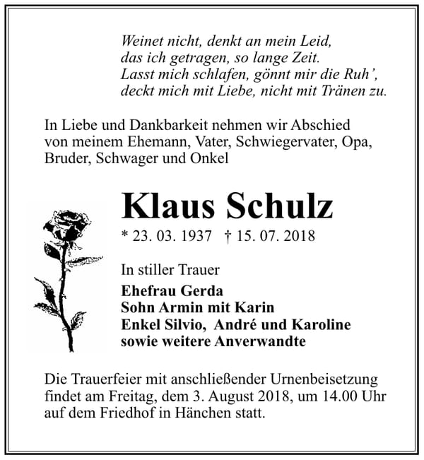 Traueranzeige Klaus Schulz