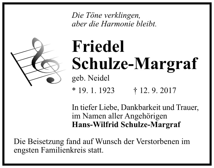Traueranzeige Friedel Schulze-Margraf, geb. Neidel