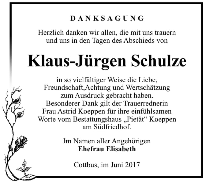 Danksagung Klaus-Jürgen Schulze