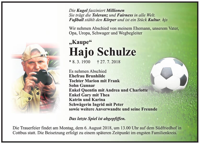 Traueranzeige Hajo Schulze