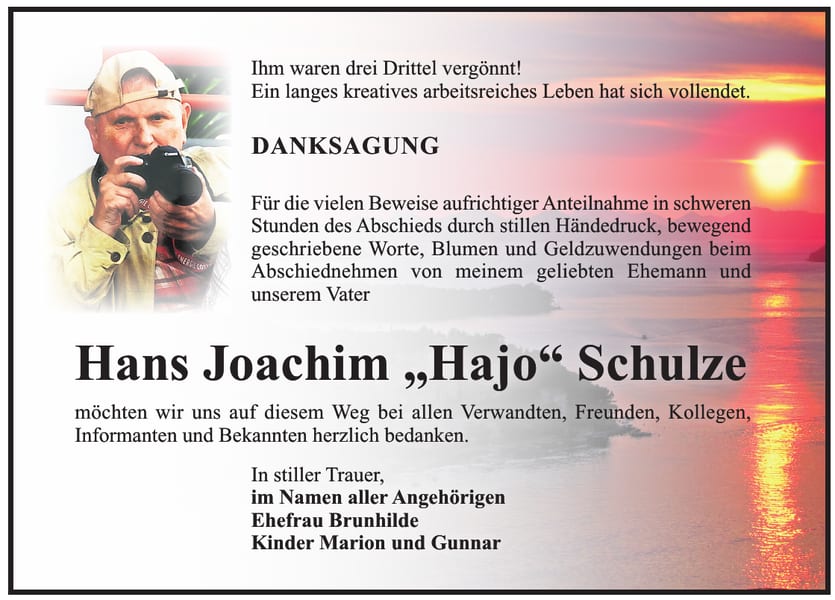 Danksagung Hans Joachim „Hajo“ Schulze