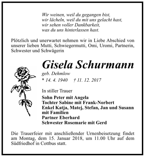 Traueranzeige Gisela Schurmann, geb. Dehmlow
