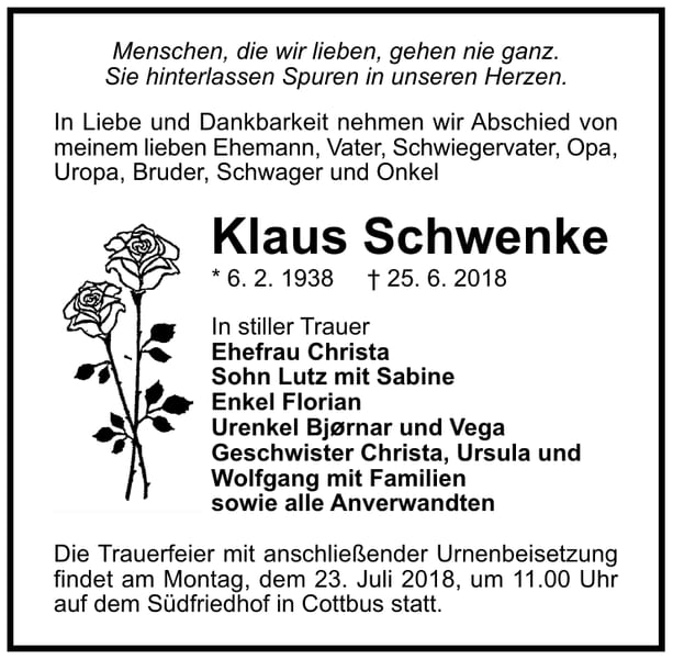 Traueranzeige Klaus Schwenke