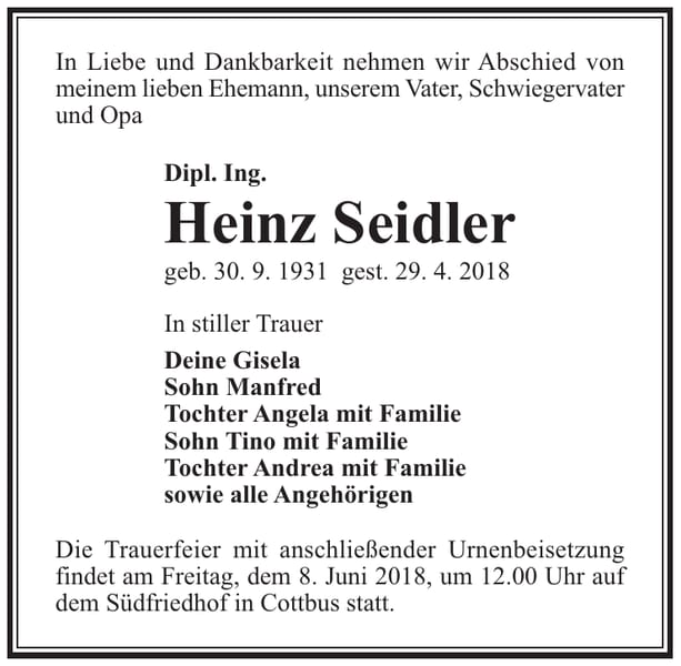 Traueranzeige Heinz Seidler