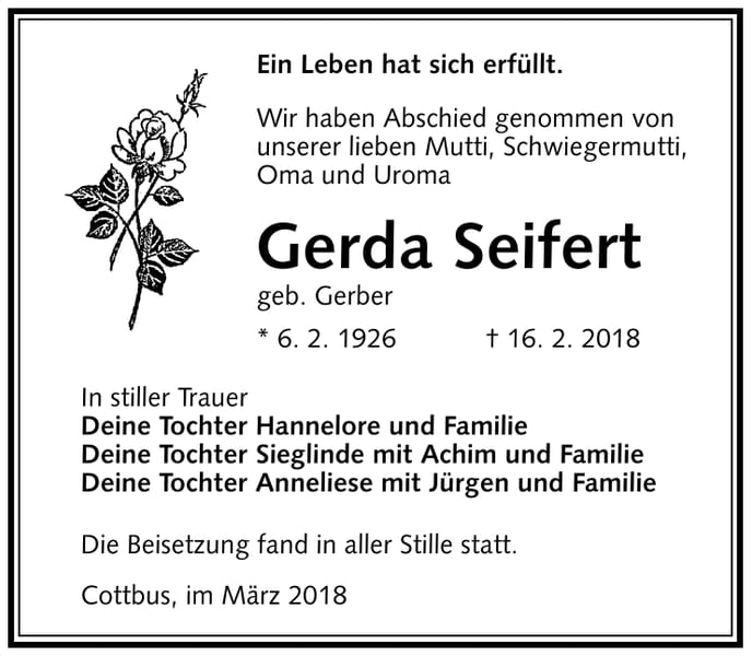 Traueranzeige Gerda Seifert, geb. Gerber