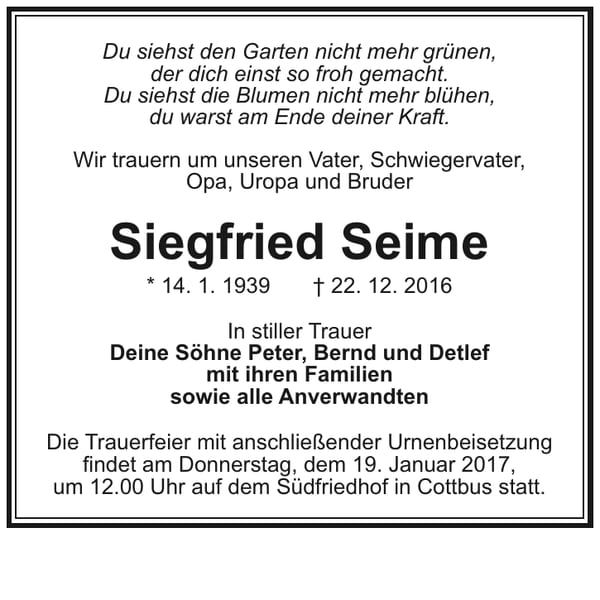 Traueranzeige Siegfried Seime