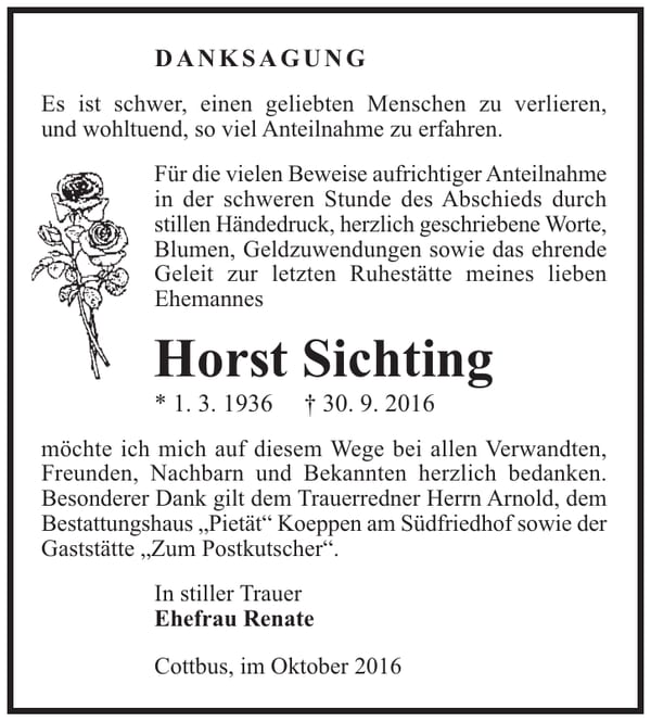 Danksagung Horst Sichting